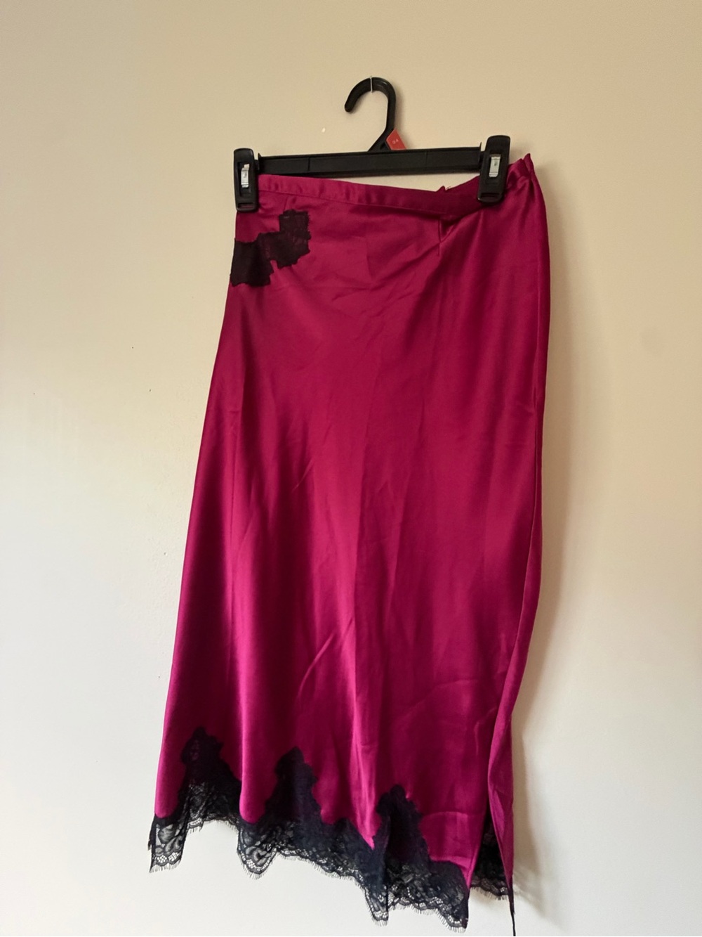 Victoria's Secret Magenta Satin Midi Skirt with Black Lace